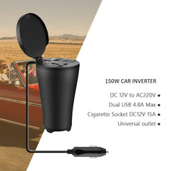 150W Car Power Inverter Cup Holder with AC Outlets and 4.8A Dual USB Charging Ports Car Adapter with Car Cigarette Lighter Socket