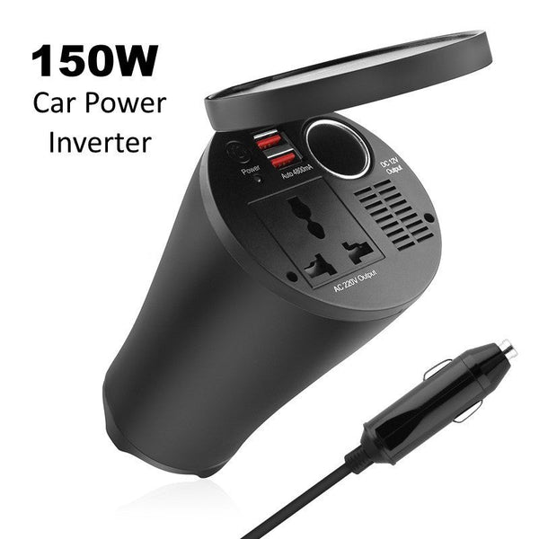 150W Car Power Inverter Cup Holder with AC Outlets and 4.8A Dual USB Charging Ports Car Adapter with Car Cigarette Lighter Socket