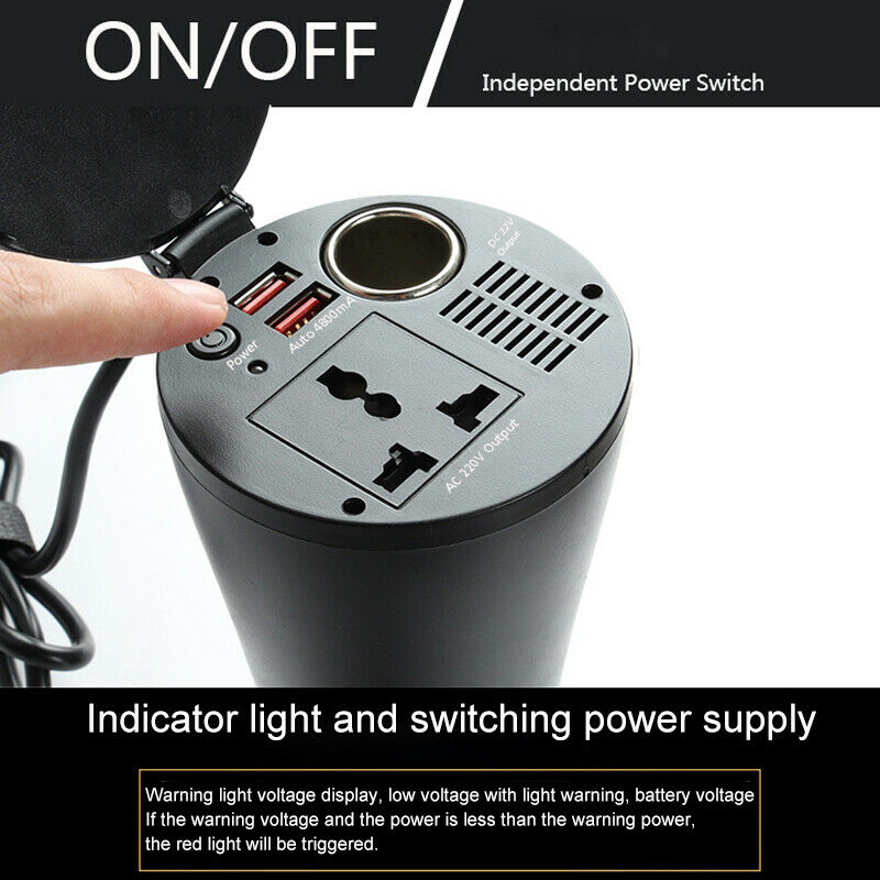 150W Car Power Inverter Cup Holder with AC Outlets and 4.8A Dual USB Charging Ports Car Adapter with Car Cigarette Lighter Socket