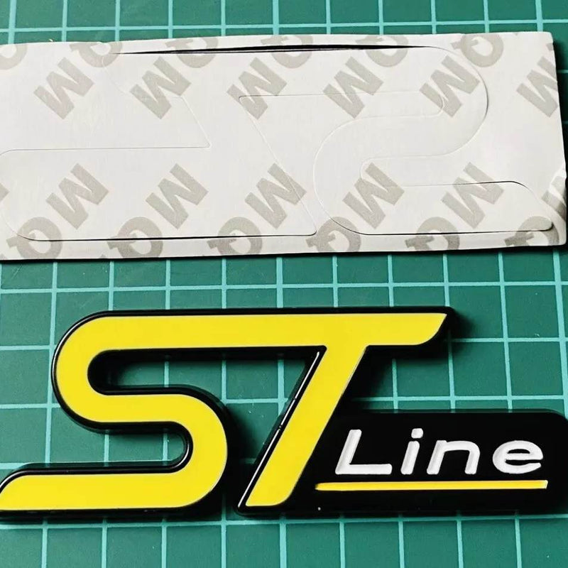 1pc Yellow ST White Line On Black Background 3D Metal Emblem Badge Stickers For Car Truck Bike