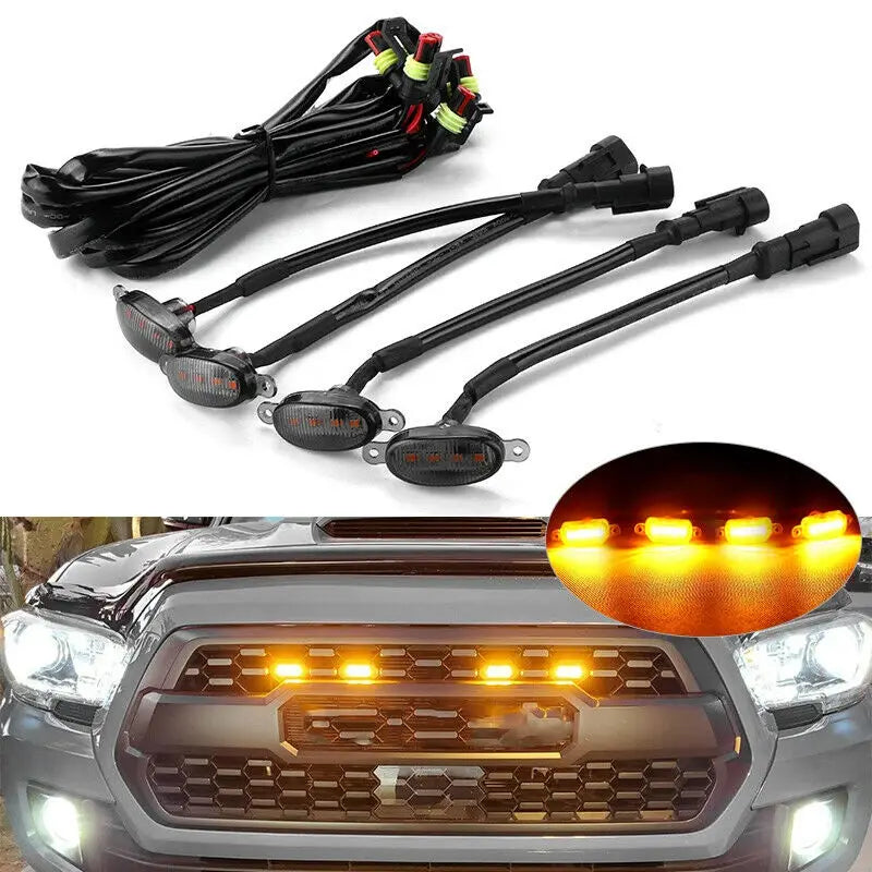 4Pcs Car Grille Lights Bright Amber LED Grill Lights with Wiring Harness Front Grill Trim Lamps Vehicle Exterior Grille Lamps