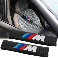 2Pcs M Power Carbon Fiber Embroidery Car Seat Belt Cover Safety Shoulder Pads