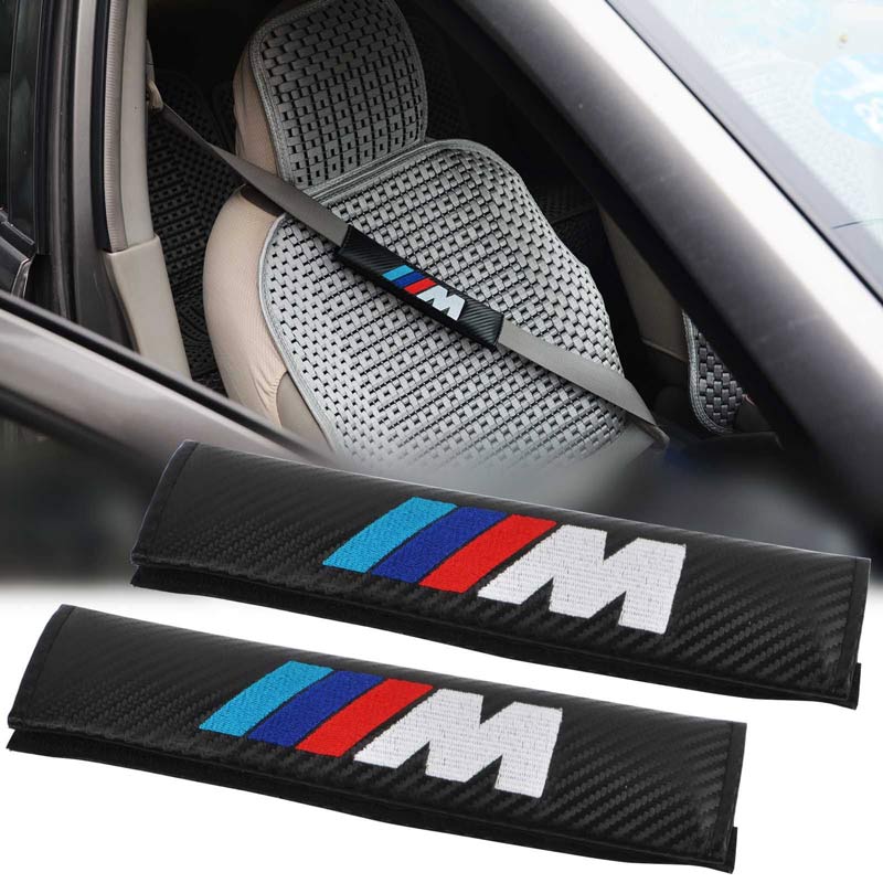 2Pcs M Power Carbon Fiber Embroidery Car Seat Belt Cover Safety Shoulder Pads