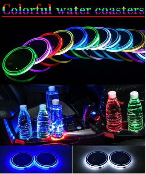 2pcs Universal Car Cup Holder Bottom Mat Water Drinking Holder Organizer Pad USB LED Sensor Atmosphere Lights Cover Lamp 7 Colors