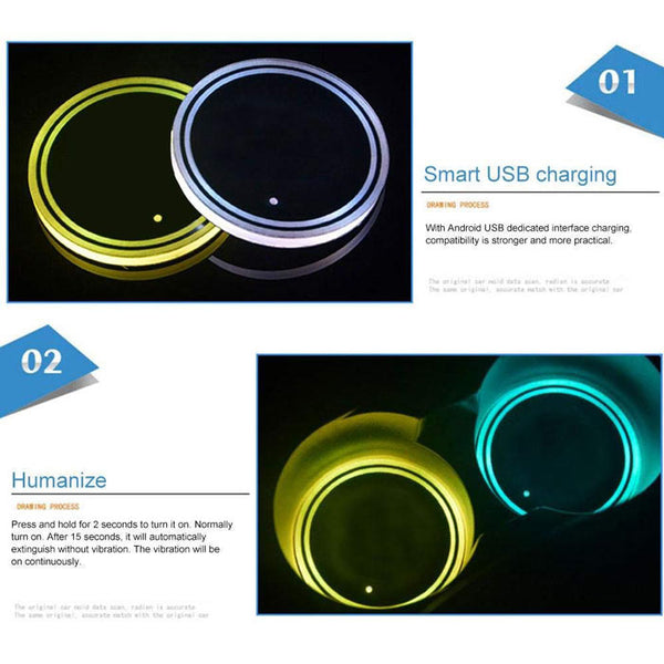 2pcs Universal Car Cup Holder Bottom Mat Water Drinking Holder Organizer Pad USB LED Sensor Atmosphere Lights Cover Lamp 7 Colors