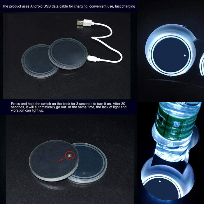 2pcs Universal Car Cup Holder Bottom Mat Water Drinking Holder Organizer Pad USB LED Sensor Atmosphere Lights Cover Lamp 7 Colors