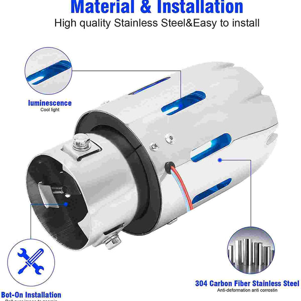 1pc Blue 2.5'' 63mm Exhaust Tips Stainless Steel Muffler Car Exhaust Tail Pipe Modification Luminous Tube With Flame LED light