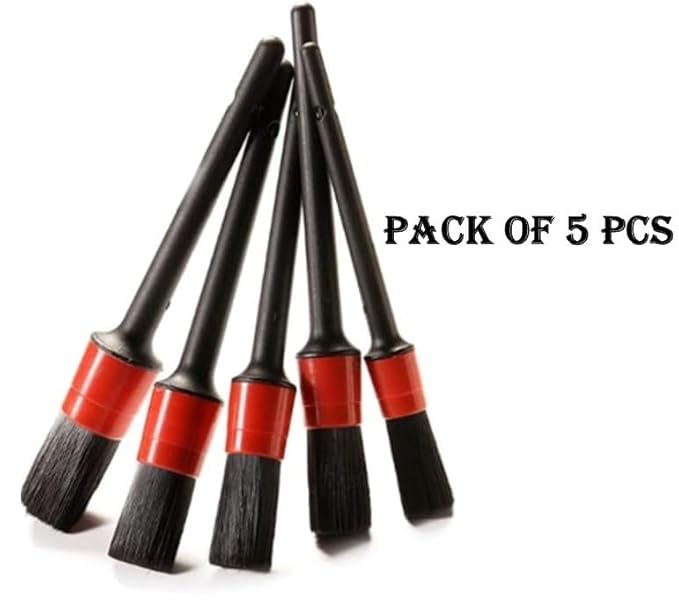 Auto Detailing Brush Set，5 Different Sizes Premium Natural Boar Hair Mixed Fiber Plastic Handle Car Cleaning Tools Kit for Automotive Wheels, Dashboard (Black & red)
