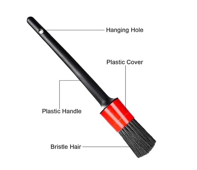 Auto Detailing Brush Set，5 Different Sizes Premium Natural Boar Hair Mixed Fiber Plastic Handle Car Cleaning Tools Kit for Automotive Wheels, Dashboard (Black & red)