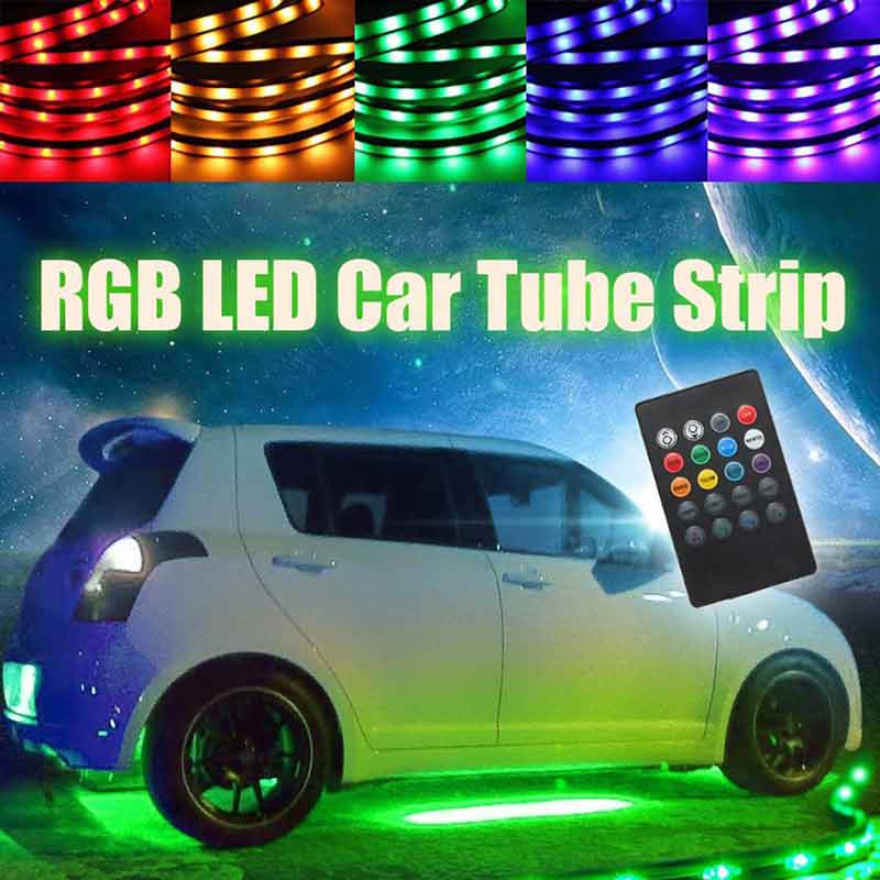 4pcs RGB LED Car Tube Strip Underglow Body Neon Light With Wireless Remote