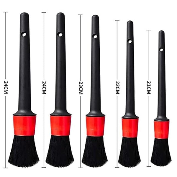 Auto Detailing Brush Set，5 Different Sizes Premium Natural Boar Hair Mixed Fiber Plastic Handle Car Cleaning Tools Kit for Automotive Wheels, Dashboard (Black & red)