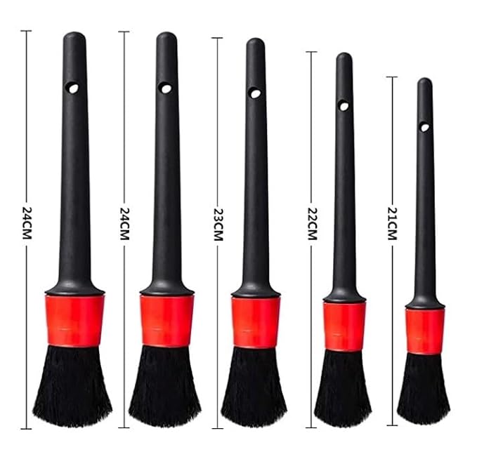Auto Detailing Brush Set，5 Different Sizes Premium Natural Boar Hair Mixed Fiber Plastic Handle Car Cleaning Tools Kit for Automotive Wheels, Dashboard (Black & red)