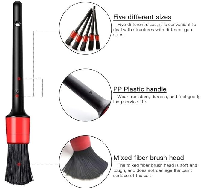 Auto Detailing Brush Set，5 Different Sizes Premium Natural Boar Hair Mixed Fiber Plastic Handle Car Cleaning Tools Kit for Automotive Wheels, Dashboard (Black & red)