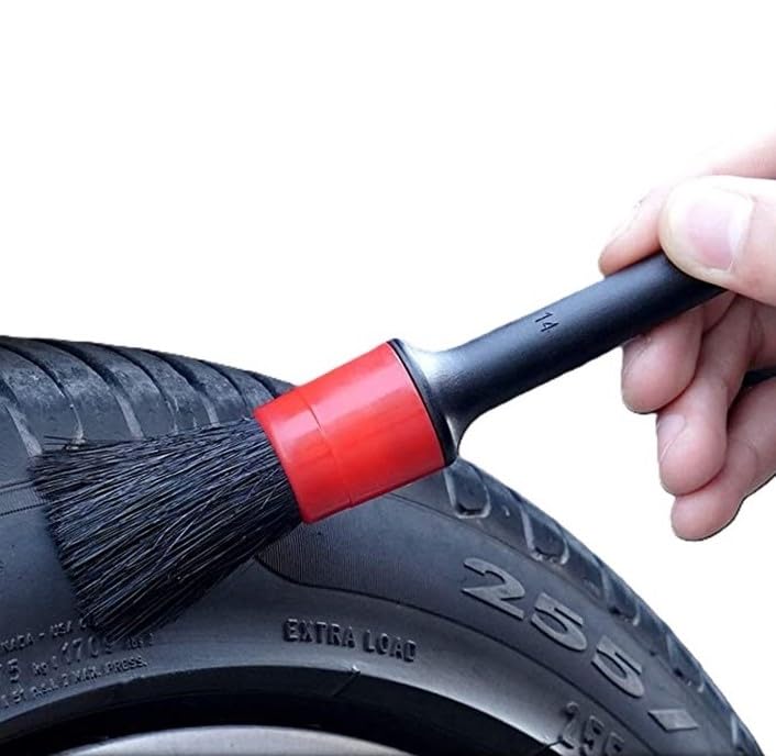 Auto Detailing Brush Set，5 Different Sizes Premium Natural Boar Hair Mixed Fiber Plastic Handle Car Cleaning Tools Kit for Automotive Wheels, Dashboard (Black & red)