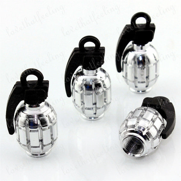4pcs Universal Silver Grenade Tire Air Valve Stem Caps Car Truck Bike Rod Wheel Rims