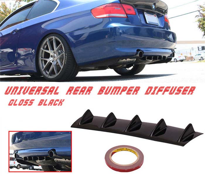 5Fin Universal Lower Rear Body Bumper Lip Diffuser Shark Fin Spoiler Gloss Black