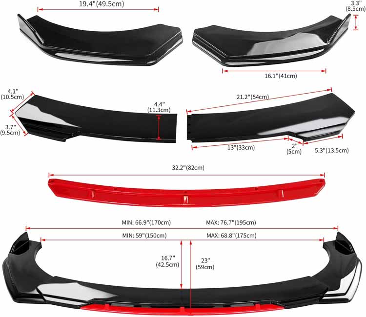 5Pcs Front Bumper Lip Chin Splitter Spoiler Air Dam Cars Glossy Black Red Round Corner