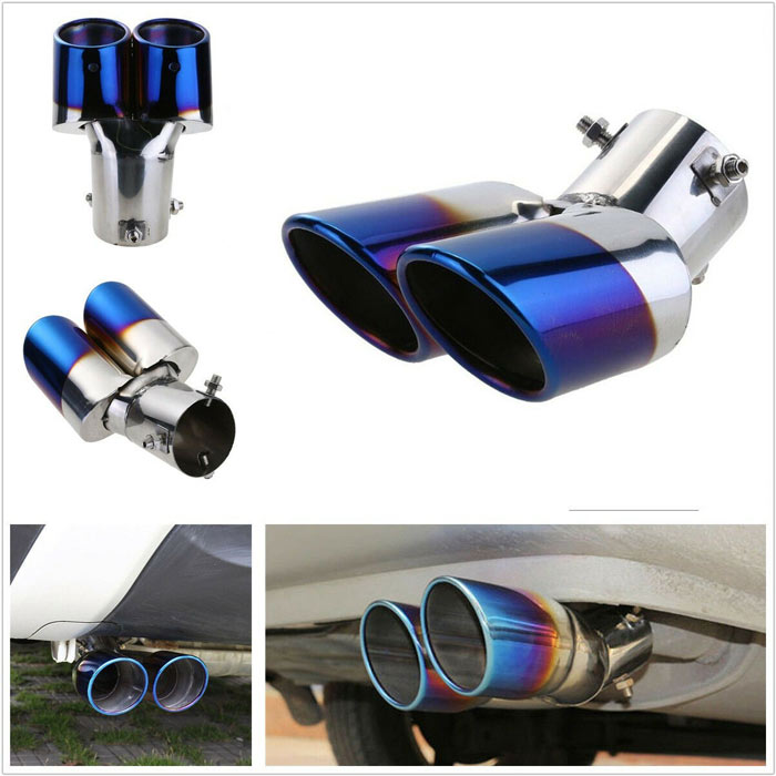 63mm Bent Twin Round Blue Burnt Stainless Steel Car SUV Dual Exhaust Muffler Tip Tail Pipe