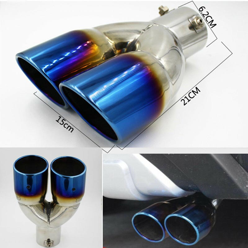 63mm Straight Twin Round Blue Burnt Stainless Steel Car SUV Dual Exhaust Muffler Tip Tail Pipe
