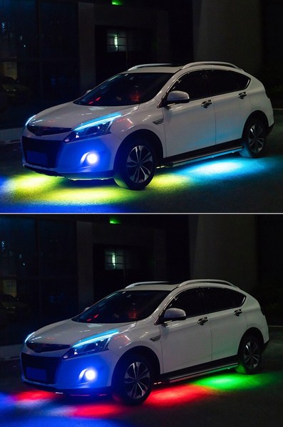 6PCS 4pcs x 60cm + 2pcs x 150cm 12V IP65 Bluetooth App Control Flowing Color RGB LED Strip Under Car Tube Underglow Underbody System Neon Light