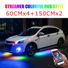 6PCS 4pcs x 60cm + 2pcs x 150cm 12V IP65 Bluetooth App Control Flowing Color RGB LED Strip Under Car Tube Underglow Underbody System Neon Light