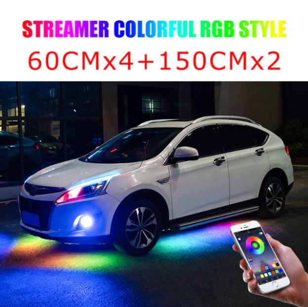 6PCS 4pcs x 60cm + 2pcs x 150cm 12V IP65 Bluetooth App Control Flowing Color RGB LED Strip Under Car Tube Underglow Underbody System Neon Light
