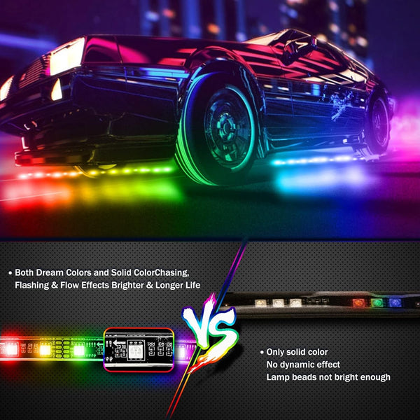 4PCS 2x90cm + 2x120cm 12V IP65 Bluetooth App Control Flowing Color RGB LED Strip Under Car Tube Underglow Underbody System Neon Light