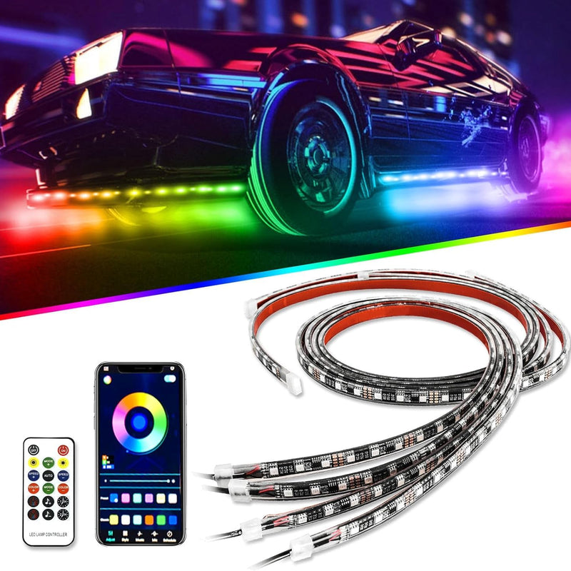 4PCS 2x90cm + 2x120cm 12V IP65 Bluetooth App Control Flowing Color RGB LED Strip Under Car Tube Underglow Underbody System Neon Light