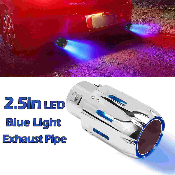 1pc Blue 2.5'' 63mm Exhaust Tips Stainless Steel Muffler Car Exhaust Tail Pipe Modification Luminous Tube With Flame LED light