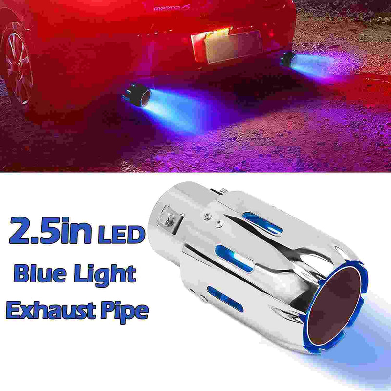 1pc Blue 2.5'' 63mm Exhaust Tips Stainless Steel Muffler Car Exhaust Tail Pipe Modification Luminous Tube With Flame LED light
