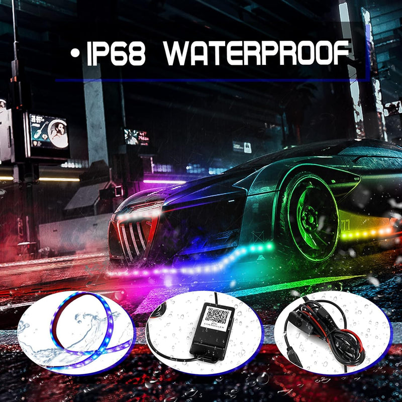 4PCS 2x90cm + 2x120cm 12V IP65 Bluetooth App Control Flowing Color RGB LED Strip Under Car Tube Underglow Underbody System Neon Light