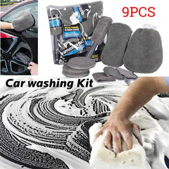 9pcs Dark Gray Car Wash Cleaning Kit Microfiber Auto Detailing Washing Tools