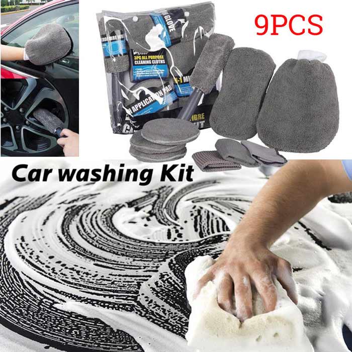 9pcs Dark Gray Car Wash Cleaning Kit Microfiber Auto Detailing Washing Tools
