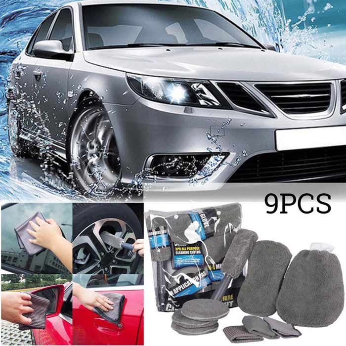 9pcs Dark Gray Car Wash Cleaning Kit Microfiber Auto Detailing Washing Tools