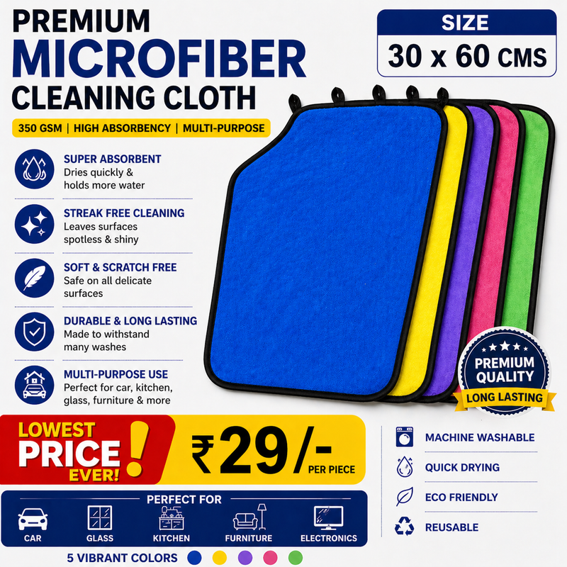 Ultra-Soft 350 GSM Microfiber Cleaning Cloth (30×60 cm) – Lint & Scratch Free