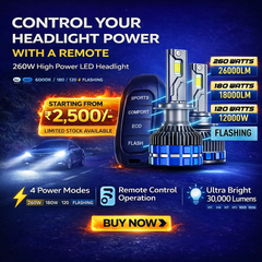 2pcs 4 Level Remote Controller High Power 260W, 180W, 120W & FLASH Mode 6000K White 12v Car LED Headlight