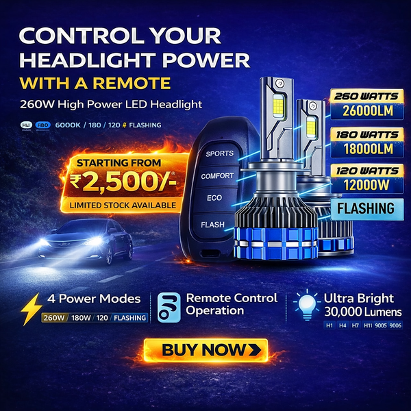 2pcs 4 Level Remote Controller High Power 260W, 180W, 120W & FLASH Mode 6000K White 12v Car LED Headlight