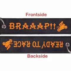 BRAAAP !! READY TO RACE Car Bike Embroidered Fabric Tag Strap Keyring Key Holder