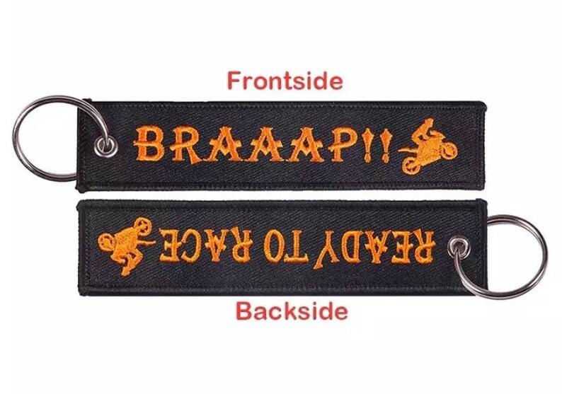 BRAAAP !! READY TO RACE Car Bike Embroidered Fabric Tag Strap Keyring Key Holder