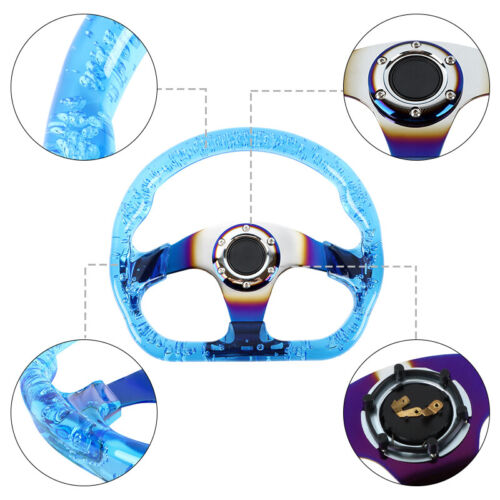 6-Holes Blue Crystal Bubble 326mm Deep Dish VIP Blue Spoke Steering Wheel