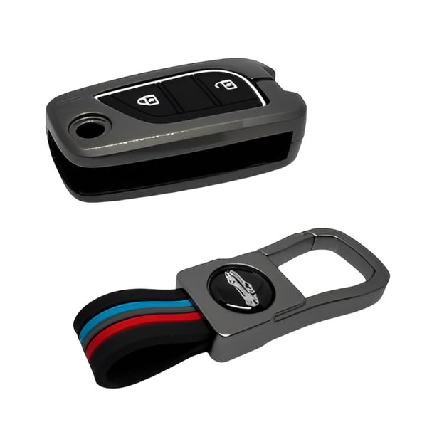 Car 2 Button Flip Smart key Metal Key Cover Shell With Keychain & Full Protection Compatible With Toyota Innova Crysta Corolla-Altis Camry HyCross Hilux