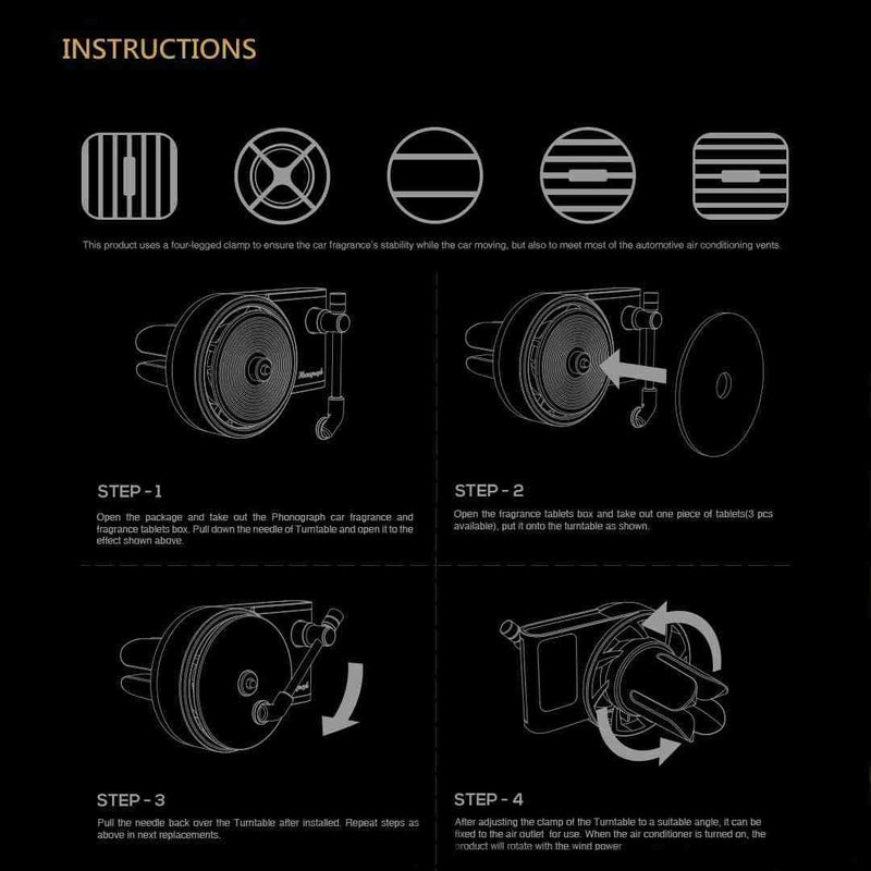 Car Fragrance Diffuser with Vent Clip in Retro Style Record-Player Design, Automotive Air Freshener Purifier Solid Perfume, 3 Aromatherapy Tablets Included