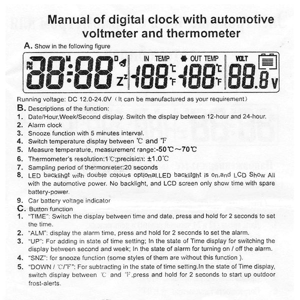 Indoor Outdoor Temperature Car Digital LCD monitor Thermometer Voltage Clock(Oval)
