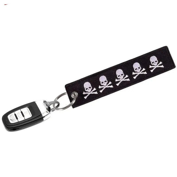 DANGEROUS SKULL Car Bike Embroidered Fabric Tag Strap Keyring Key Holder