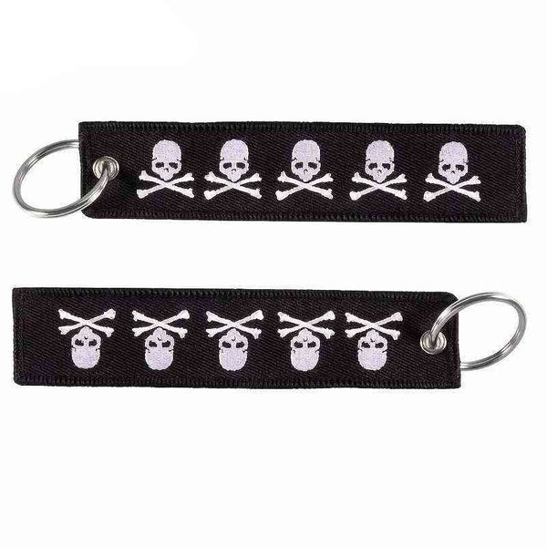 DANGEROUS SKULL Car Bike Embroidered Fabric Tag Strap Keyring Key Holder