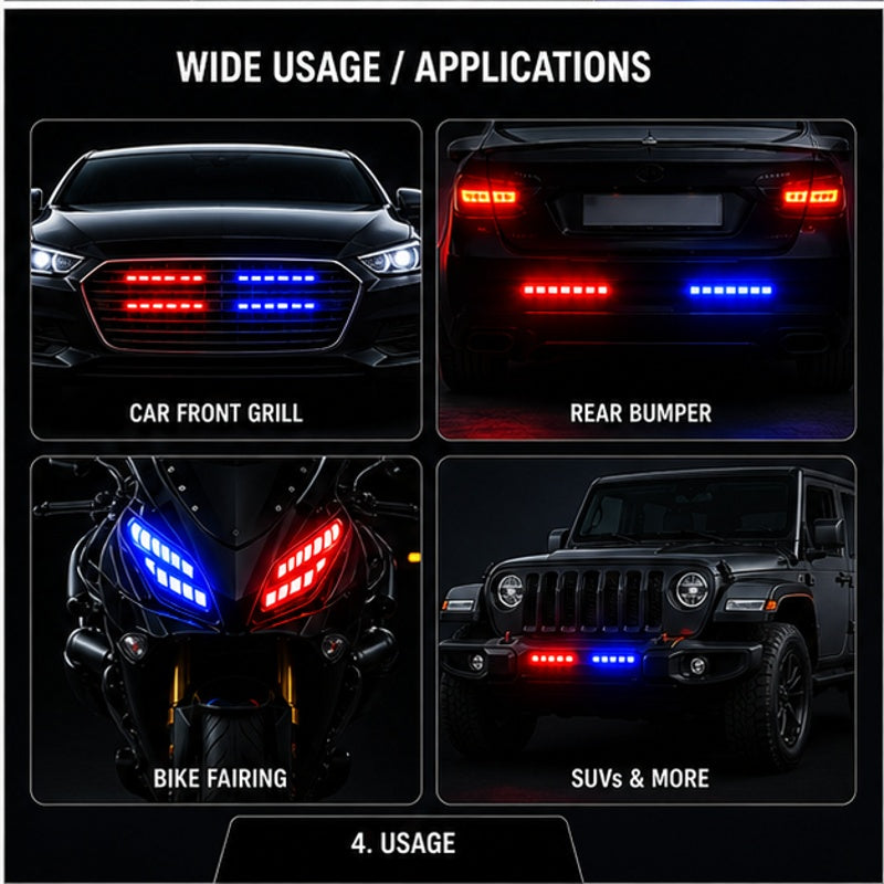 2pcs Red Blue Stylish LED Strip Lights Waterproof Car Flasher 12V