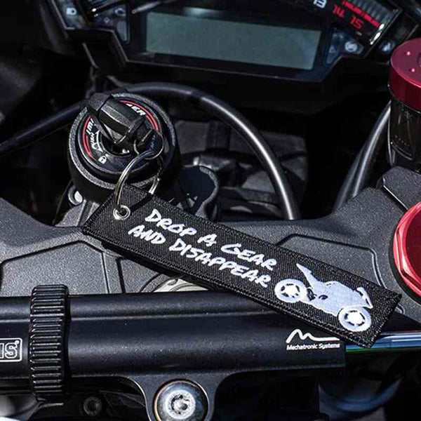 DROP A GEAR AND DISAPPEAR Car Bike Embroidered Fabric Tag Strap Keyring Key Holder