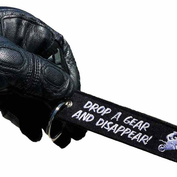 DROP A GEAR AND DISAPPEAR Car Bike Embroidered Fabric Tag Strap Keyring Key Holder