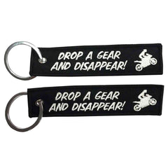 DROP A GEAR AND DISAPPEAR Car Bike Embroidered Fabric Tag Strap Keyring Key Holder
