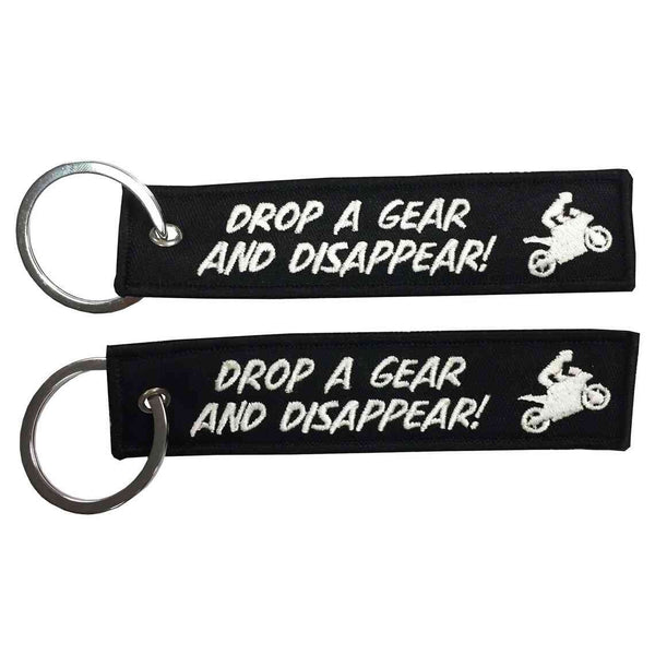DROP A GEAR AND DISAPPEAR Car Bike Embroidered Fabric Tag Strap Keyring Key Holder